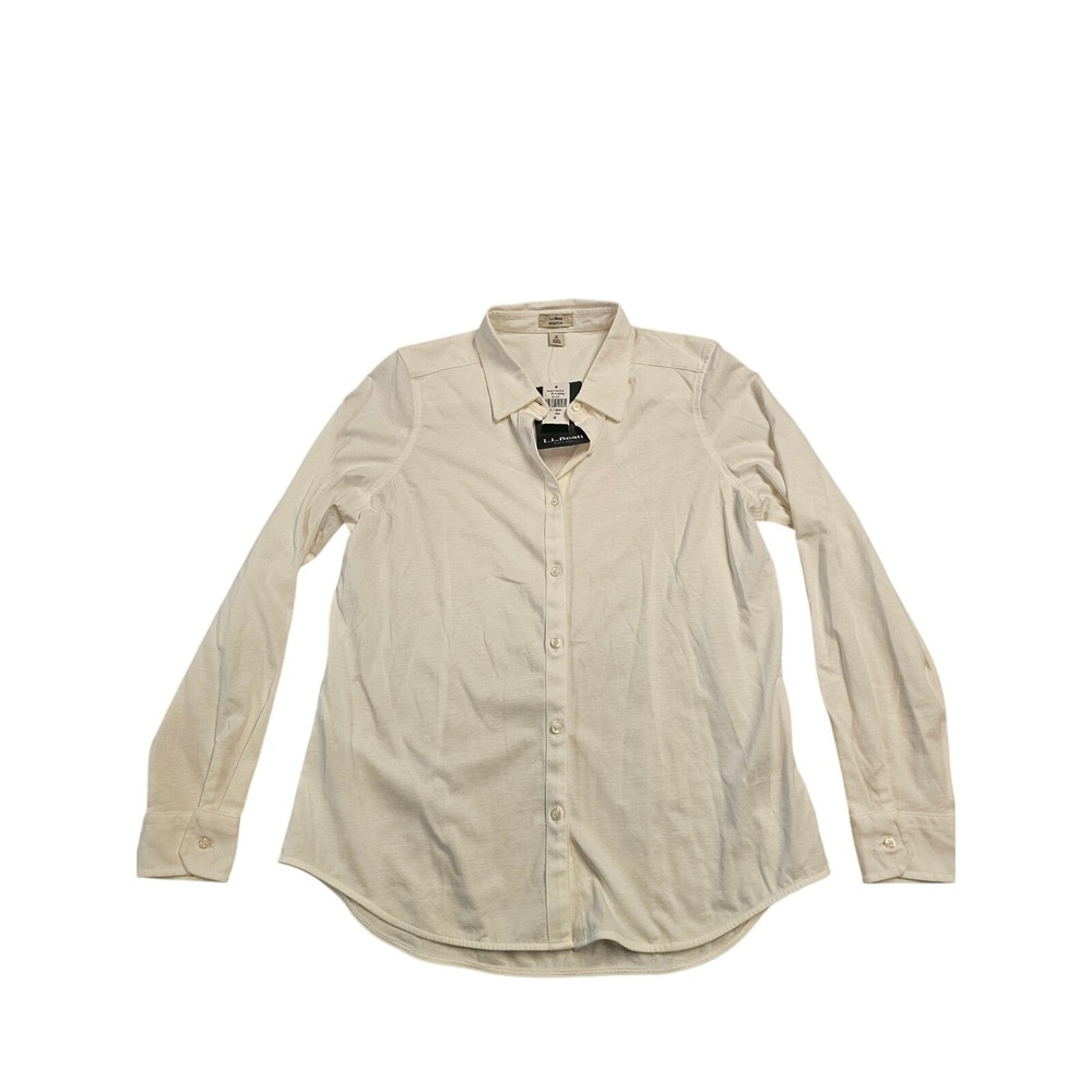 LL Bean Women White Shrink-Free Knit Shirt Long Sleeve Button Down 501237 M